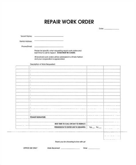 Free Sample Work Order Forms In Pdf Ms Word Excel