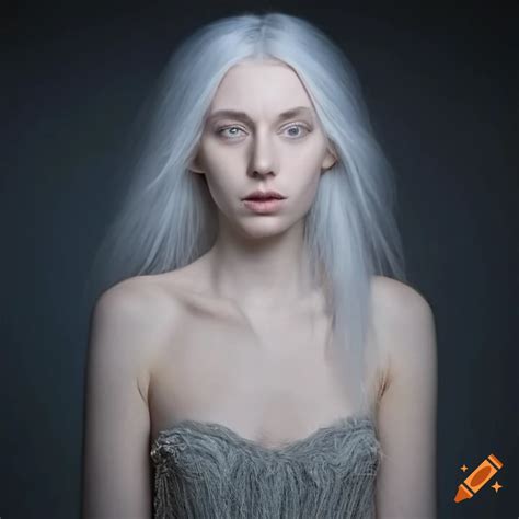 Portrait Of A Pale Woman With White Hair And Green Eyes