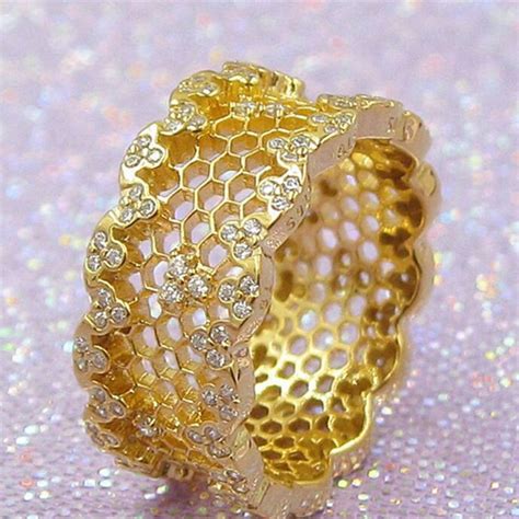 2020 2018 New 925 Silver Ring European Pandora Jewelry 18k 3mm Yellow Gold Plated Honeycomb Lace