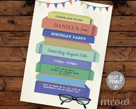 Books Birthday Party Invitation Library Instant Download Book Birthday