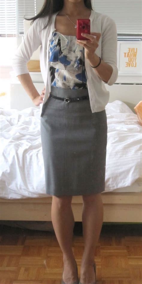 Grey Pencil Skirt With Blouse And Cardigan Summer Work Outfits Work
