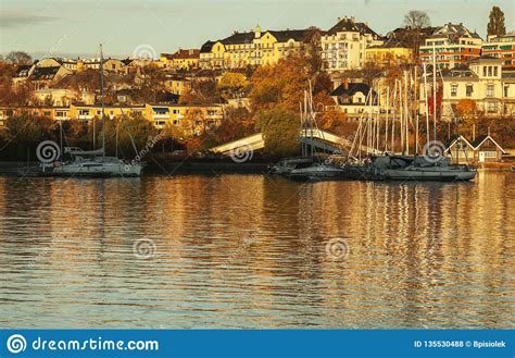 Oslo Norway Europe A View Of A Fjord At Sunset Boats By The Shore