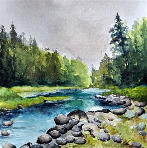 Original Watercolor Painting 10x10 Inch River Landscape