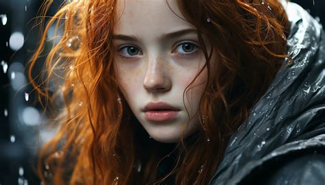 One Wet Redhead Girl Looking At Camera Smiling In Rain Generated By Ai