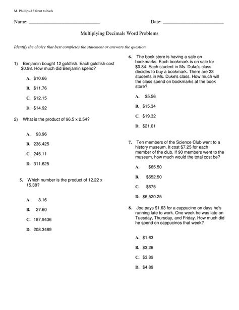Multiplying Decimals By Whole Numbers Word Problems Worksheets