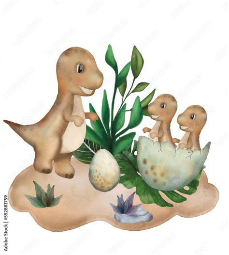 Watercolor Art Of Cute Tyrannosaurus Rex And Birth Baby Twins Dinosaurs