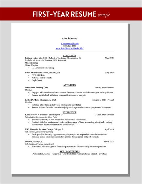 First Year Resume Example Kelleyconnect Kelley School Of Business