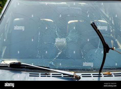 Car With Broken Windshield Close Up Road Accident Stock Photo Alamy