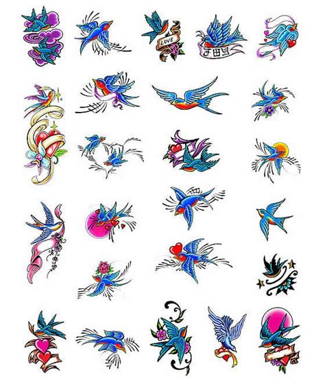 an assortment of tattoo designs on white paper with blue and red ink including birds