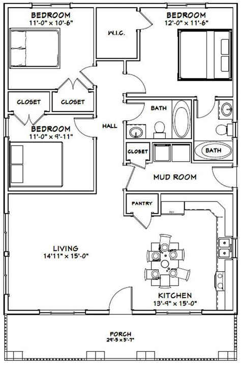 30x40 House 3 Bedroom 2 Bath 1200 Sq Ft Pdf Floor Plan