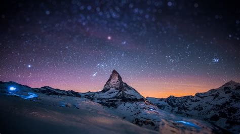 Download Wallpaper 1920x1080 Mountain Peak Stars Sky Night Light