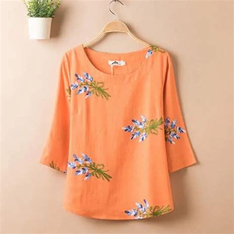Plus Size Women Spring Summer Style T Shirts Lady Casual O Neck Flower Printed Three Quarter