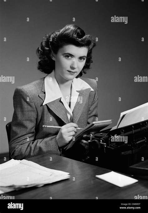 1940s Serious Secretary Stenographer Woman With Pencil Checking Notepad