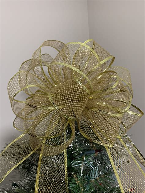Large Christmas Tree Topper Bow Gold Glitter Mesh With Gold Trim