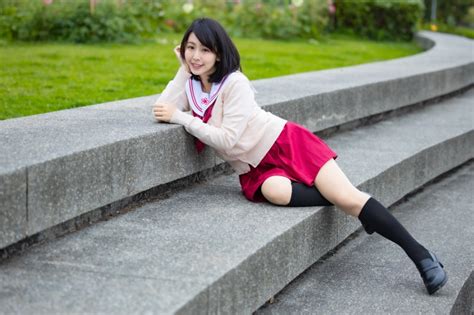 4k Asian Brunette Girl Stairs Pose Legs Knee Highs Skirt Hd Wallpaper Rare Gallery