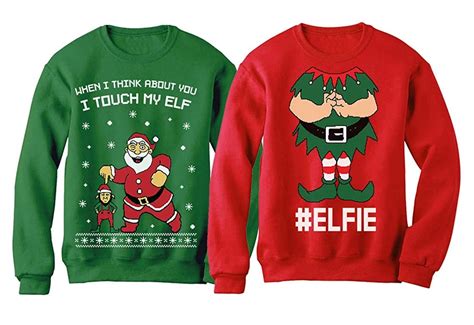 funny elf holiday sweatshirt set ugly christmas sweaters for couples to buy popsugar love
