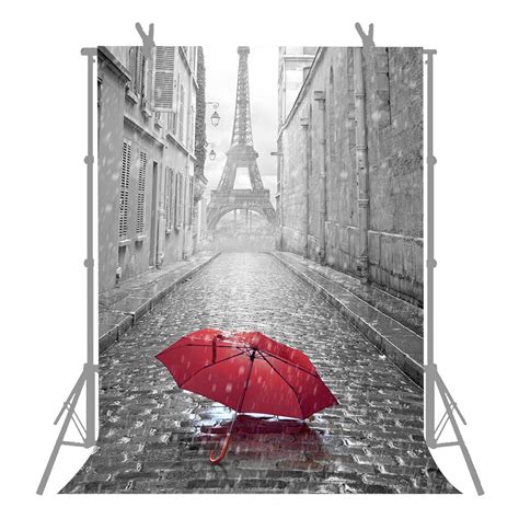 Hellodecor Polyester Fabric 5x7ft Rain Red Umbrella Paris Eiffel Tower
