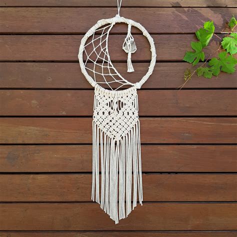 Crescent Moon Macrame Dream Catcher Wall Hanging Crystals Etsy