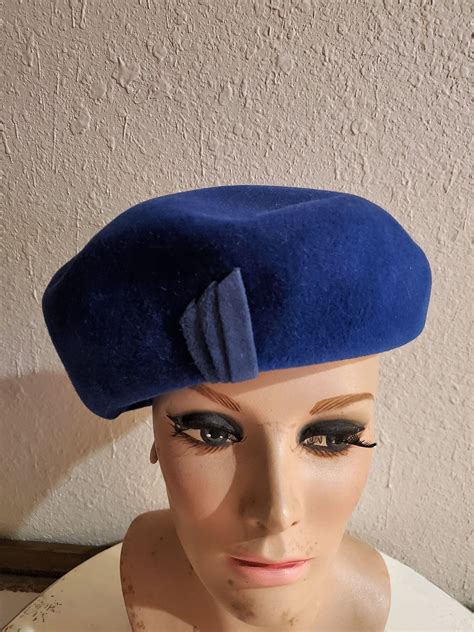 Ladies Vintage Beret Hat French Hat Made In France Velvet Hat Blue