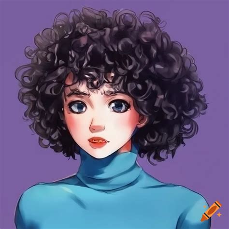 Fancy 80s Anime Girl With Blue Turtleneck And Curly Hair On Craiyon
