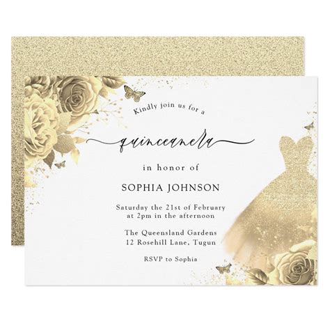 Gold Glitter Sparkle Dress Floral Quinceanera 15th Invitation Zazzle Sweet 16 Party