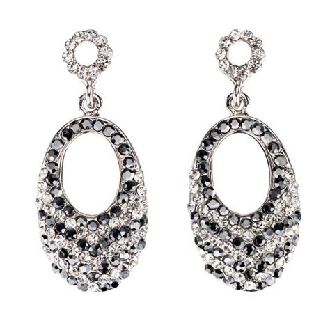 Swarovski Crystal Oval Crystal Drop Earrings With Jet Black And White