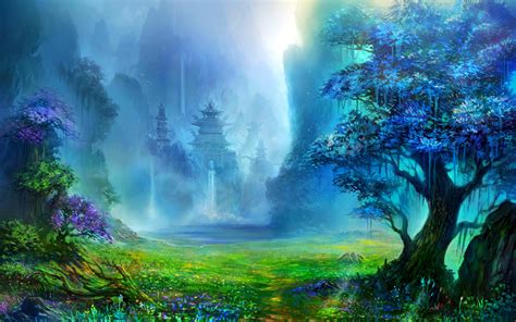 Fantasy Art Pagoda Asian Architecture Trees Waterfall Artwork