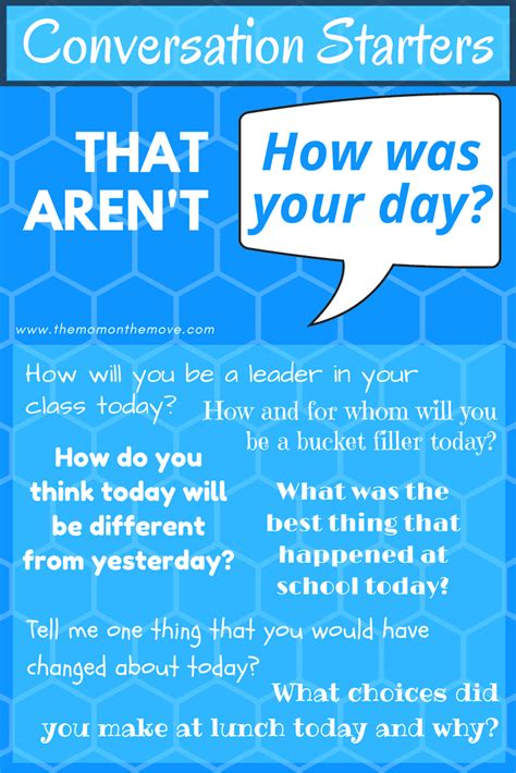 There are a lot of random conversation starters to get you started and then conversation questions listed by topic. 10 Conversation Starters Besides "How Was Your Day" | The ...