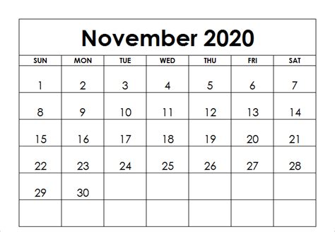 November 2020 Calendar Word Calendar Word Calendar Time Printable