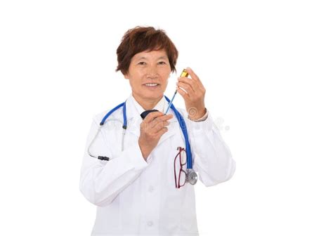 Female Doctor At Work Is Sucking Medicine With A Needle Stock Image Image Of Glasses Dressed