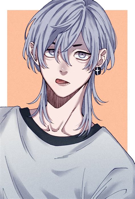 An Anime Character With Blue Hair And Piercings On His Neck Is Looking
