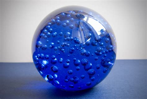 Very Large Vintage Hand Blown Blue Bubble Glass Paperweight Etsy Uk
