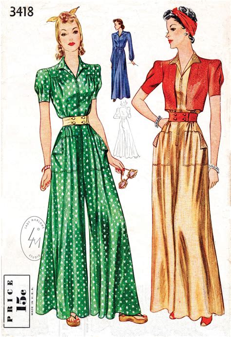 1940s Wide Leg Jumpsuit Culotte Pajamas Vintage Sewing Pattern Lady