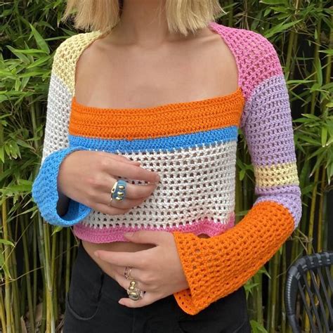 Y2k Aesthetic Knitted Crop Top Patchwork Long Sleeve Hollow Out Tee