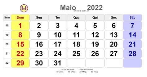 Calendário De Maio De 2022 Com Feriados Nacionais Fases Da Lua E Datas
