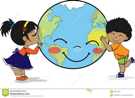 Niños Que Abrazan Y Que Besan La Tierra Sonriente Del Planeta