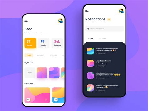 Social Media App Main Feed Screen And Notifications Search By Muzli