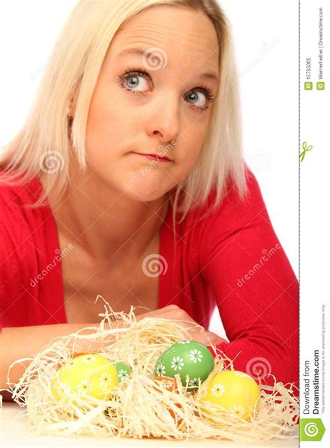 Blond Woman With Easter Eggs Stock Image Image Of Straw Easter 15755005