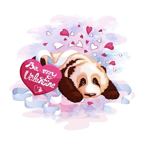 Cute Panda And Postcard Heart Valentines Day Premium Vector