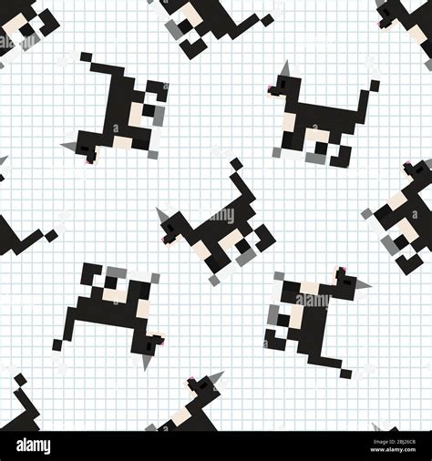 Cute Cartoon 8bit Pet Black Cat Seamless Vector Pattern Kawaii Pixel