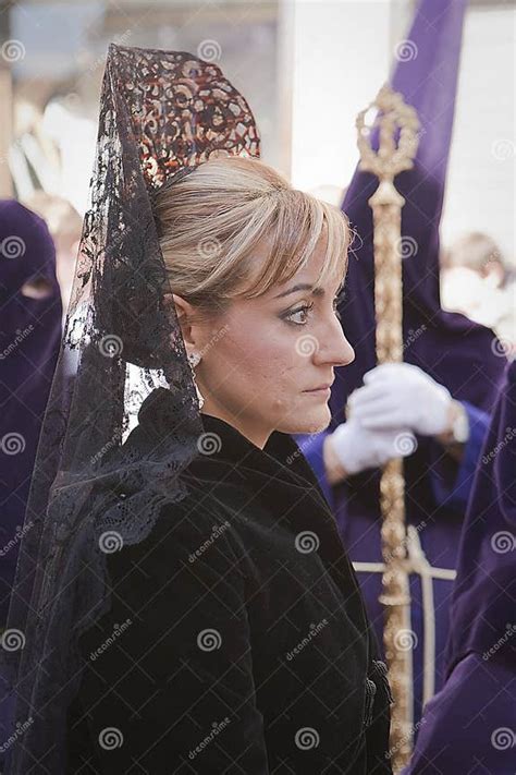 Woman Dressed In Mantilla During A Procession Of Holy Week Editorial