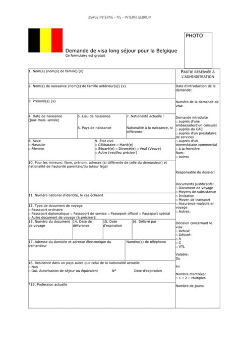 Formulaire De Demande De Visa Long Séjour Pour La Belgique Belgique Doc Pdf Page 1 Sur 4