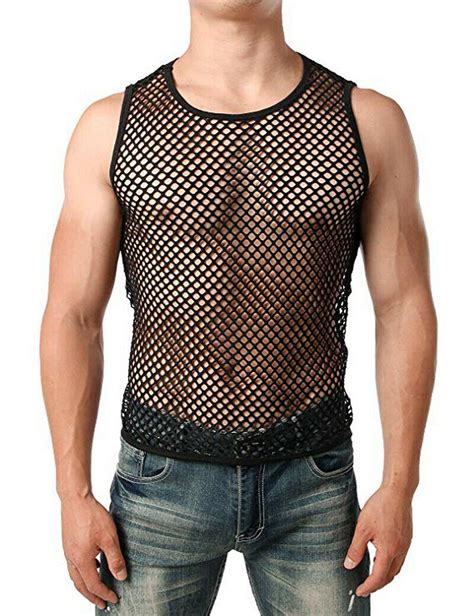 Men Mesh Tank Top See Through Fishnet Vest Sleeveless Fitted Muscle T