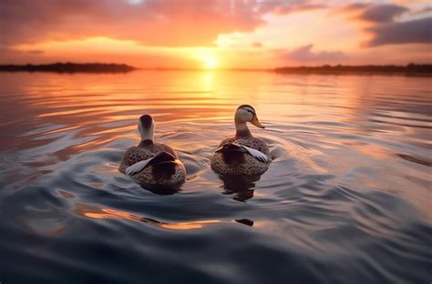 Premium Ai Image Two Ducks Swimming In A Lake With A Sunset In The