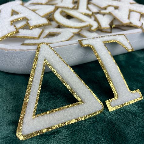 Greek Letter Patches Iron On White Chenille Gold Glitter Etsy