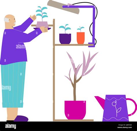 Hobby Gardening Flat Composition With Senior Man Looking After Flowers