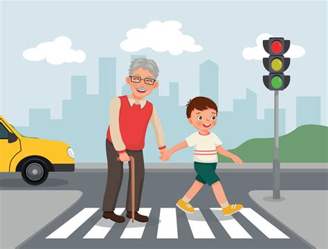 Cute Little Boy Help Elderly Grandfather Crossing Street At The