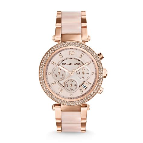 michael kors parker rose gold tone blush acetate chronograph watch brands from adams jewellers