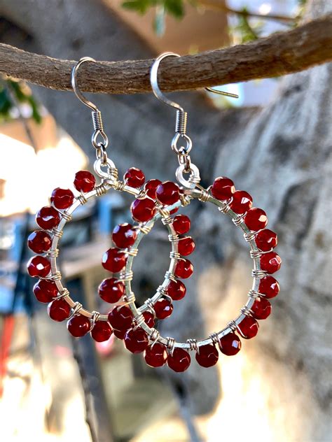 Garnet Earrings Hoop Earrings Silver Hoops Garnet Jewelry January