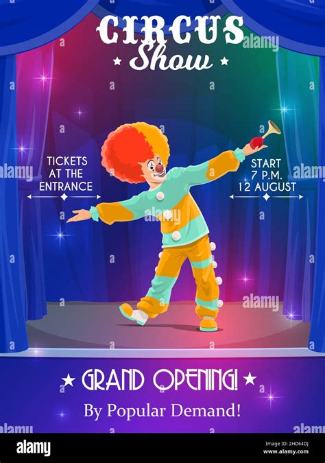 Shapito Circus Vector Poster With Cartoon Clown On Stage Of Amusement Park Or Funfair Jester Or